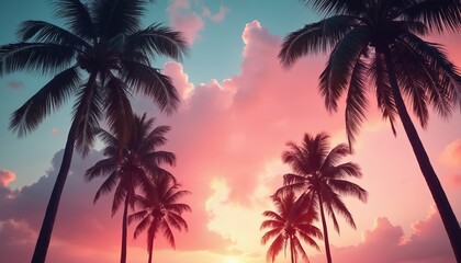 Silhouetted palm trees against a vibrant pink and blue sky at sunset. Wispy clouds drift over the horizon, creating a serene tropical ambiance. Palm fronds frame the beautiful sky.