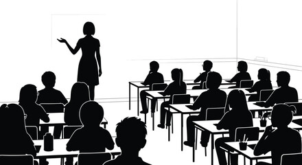 Silhouette of teacher giving a lesson to students in a classroom setting with desks and chairs creating a dynamic learning environment. isolated on white background