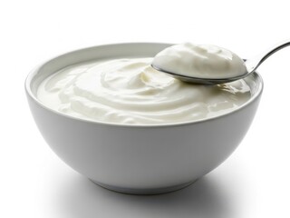 Creamy yogurt in a bowl with a spoon isolated on white background