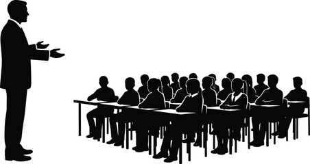 Teacher instructing students silhouette in classroom setting demonstrating learning and education isolated on white background