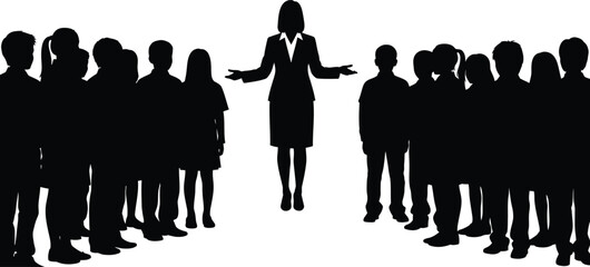 Confident businesswoman addresses diverse crowd of silhouetted figures in dynamic presentation standing out as a leader isolated on white background