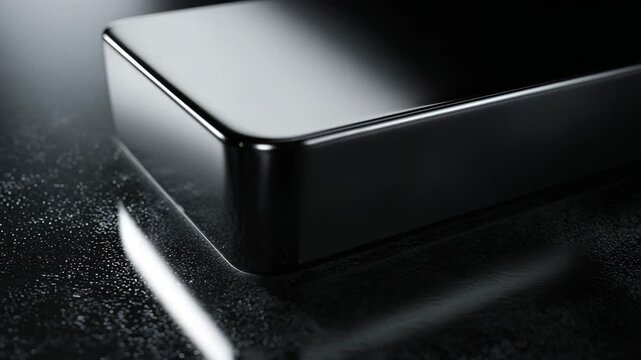 Ultra HD Close up of a sleek, glossy black rectangular object with rounded corners resting on a textured, dark surface with bokeh light effect video