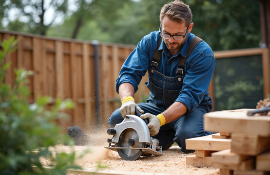 Man carpenter uses circular saw cutting wood. Worker in overalls works with lumber building a structure. Construction site scene with wood dust flying.