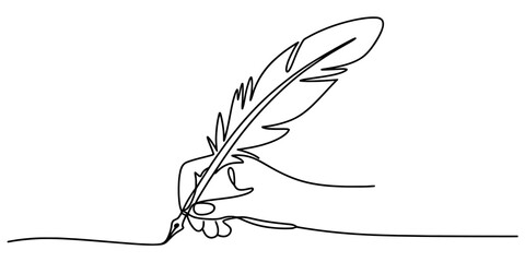 Continuous line drawing of a human hand gracefully holding a traditional feather quill pen, actively writing, symbolizing creativity, authorship, and education Vector, illustration © Single Line Art