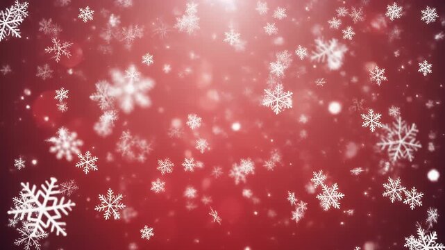 Delicate white snowflakes gently falling on red background creating a festive winter atmosphere perfect for christmas and holiday season themes