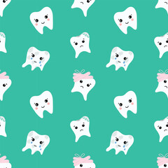 Tooth seamless pattern, green background. Pediatric tooth motif, nursery dental pattern. Cute teeth pattern, oral hygiene tile