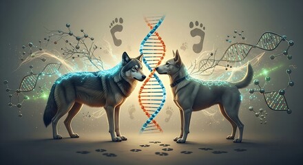 Explore stunning genetic connections between wolf and dog, evolution concept, animal ancestry, vibrant dynamic science illustration, nature and technology