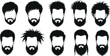 Male hairstyle and beard silhouette set—vector of 10 diverse grooming styles in black on white