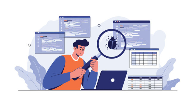 Software developer or QA engineer using a magnifying glass to find and fix a bug in computer code on a laptop screen.