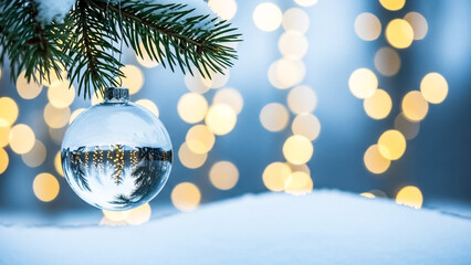 Christmas ornament hanging on a snow covered pine tree branch with bokeh lights