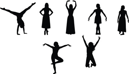 Female Dancer and Gymnast Silhouettes Collection, Dynamic Poses Including Ballet, Cartwheel, and Jumping for Performance Art, Sports Training, and Movement Vector Design Isolated.