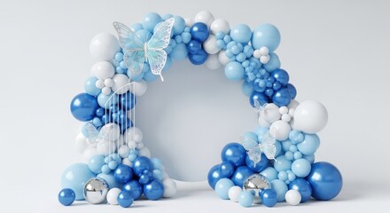Blue and white balloon arch with butterflies on white background