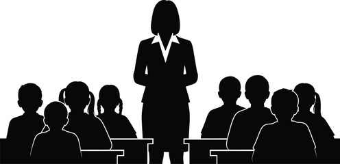 Silhouette of a confident teacher leading a class of students engaged in learning and education in a classroom setting isolated on white background