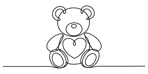 Continuous line drawing of a cute teddy bear with a heart on its chest, symbolizing love, friendship, and childhood memories, isolated on a clean background. Vector, illustration