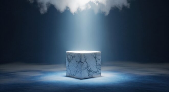 Marble cube pedestal illuminated by ethereal light from cloud - Powered by Adobe