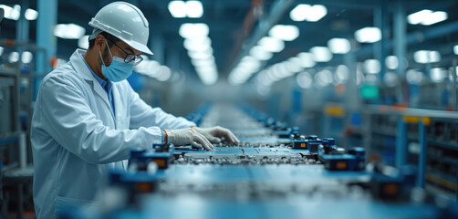 Worker in protective suit checks electronic components on conveyor belt in modern factory. Technician wears helmet mask gloves, inspects tech parts on assembly line. Quality control in manufacturing