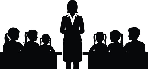 Teacher leads attentive students in classroom silhouetted against bright educational learning concept isolated on white background