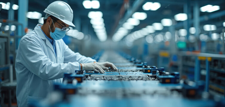 Worker in protective suit checks electronic components on conveyor belt in modern factory. Technician wears helmet mask gloves, inspects tech parts on assembly line. Quality control in manufacturing - Powered by Adobe