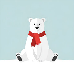 Illustration of a polar bear wearing a red scarf sitting on a snow covered ground in a winter scene on transparent background © Prmz Lab