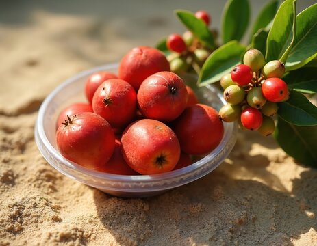 Freshly harvested camu camu fruits in bowl. Red Myrciaria dubia berries on sand, superfood rich with vitamin C. This exotic plant from Amazon in Brazil is healthy food for diet and nutrition.