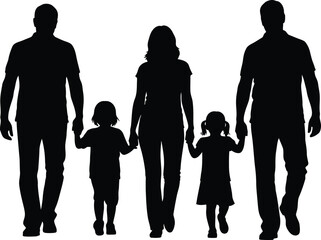 Happy family silhouettes walking together holding hands outdoor scene representing unity love and connection isolated on white background