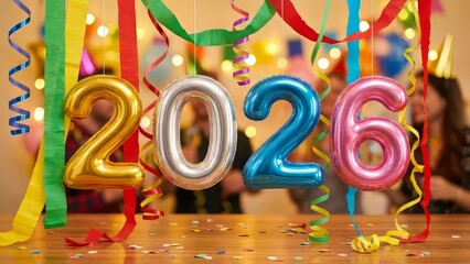 Celebrate 2026 with colorful balloons and streamers, a fun party atmosphere for New Year's Eve or milestone birthday celebration with loved ones