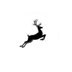Silhouette of a leaping deer with large antlers inside a white circle on a white background design on transparent background