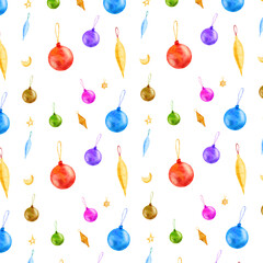 Watercolor christmas ornament pattern with colorful baubles and icicle decorations on white background, seamless festive illustration for holiday decor and winter art lovers