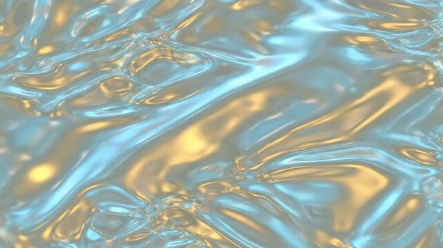 Abstract liquid metal background with gold and blue reflections and smooth waves