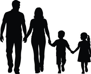 Silhouette of a loving family walking together holding hands parents and two children outdoors on a sunny day symbolizing unity and togetherness isolated on white background