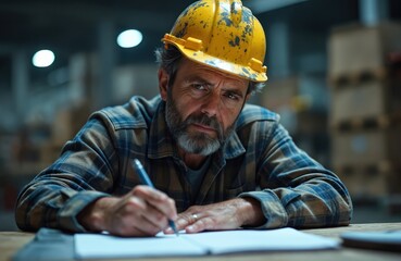 Man with yellow hard hat writes on paper. Focused worker in plaid shirt at desk in warehouse. Blue collar employee plans task, signs document, works on project.