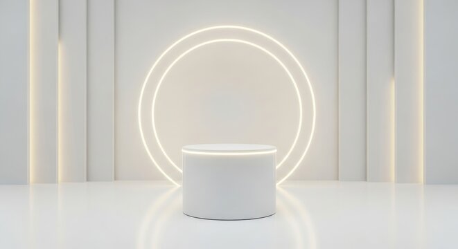 White podium with glowing neon circular light for modern product display - Powered by Adobe
