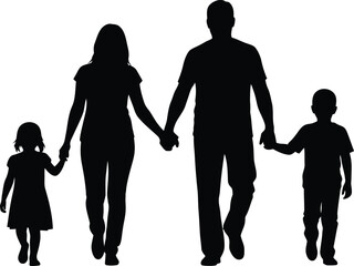 Happy family silhouette walking together holding hands father mother daughter son unified love connection isolated on white background
