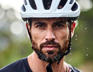 Serious cyclist portrait in nature