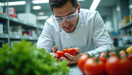Man in white coat inspects tomatoes in a lab setting. He works with fresh vegetables. Food science concept involves culinary innovation food research.