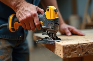 Close up photo shows carpenter working with electric jigsaw. Man cuts wood plank in workshop. Woodworker using power tool sawing wooden board. Sawdust flies around.