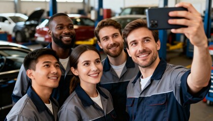 smiling technicians capturing photo in automotive service garage