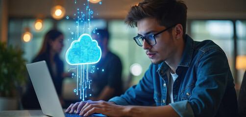 Young man using laptop. He works in office connected to cloud computing system. Data transfer and online communication is displayed on screen. Team collaboration and software innovation concepts.