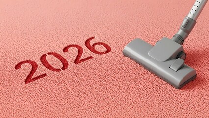 Cleaning up for 2026: Vacuum cleaner on pink carpet with year text