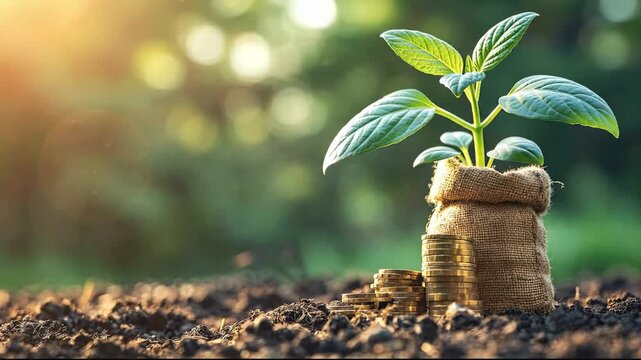 A small green plant sprouts from a burlap sack next to stacks of gold coins on dark soil