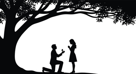 Romantic silhouette proposal under a grand tree a man kneels offering a ring to his beloved woman love commitment relationship joy isolated on white background