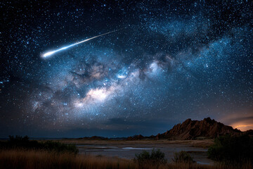 Stargazing beneath the Milky Way with a shooting star in the night sky