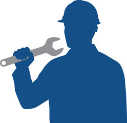 Blue silhouette of a mechanic or worker holding a wrench ready for industrial repair or construction project isolated on white background