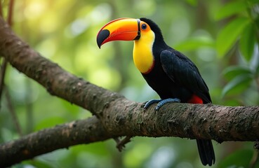 Fototapeta premium Toco toucan sits on tree branch in rainforest. Large bird has black body yellow neck bright orange red beak. Wild animal in natural habitat jungle environment.