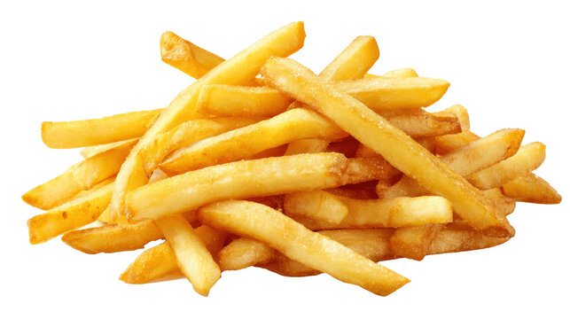 Golden, crispy pile of french fries on a transparent background.
