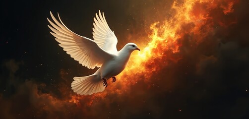 White dove with wings spread flies against fiery background. Symbol of peace and spirit, this image conveys hope and divine presence. Its flight suggests renewal and transformation in dark skies.