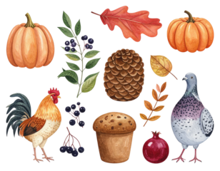 Watercolor illustration featuring pumpkins, leaves, rooster, berries, cone, pigeon, and pomegranate