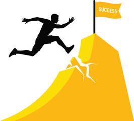 Silhouette of a determined person jumping across a gap to reach a golden mountain peak with a flag symbolizing achievement success and goal completion isolated on white background