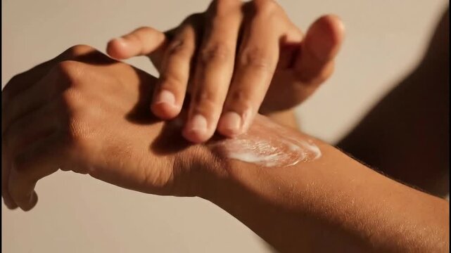Close-up of a person applying moisturizer to their forearm in a softly lit indoor setting
