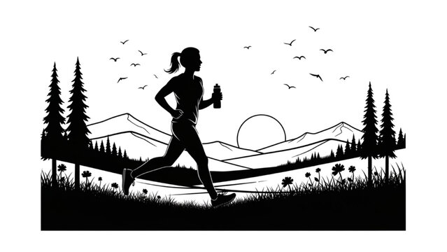 Silhouette Line Art of Person Jogging with Water Bottle in Summer Scenery